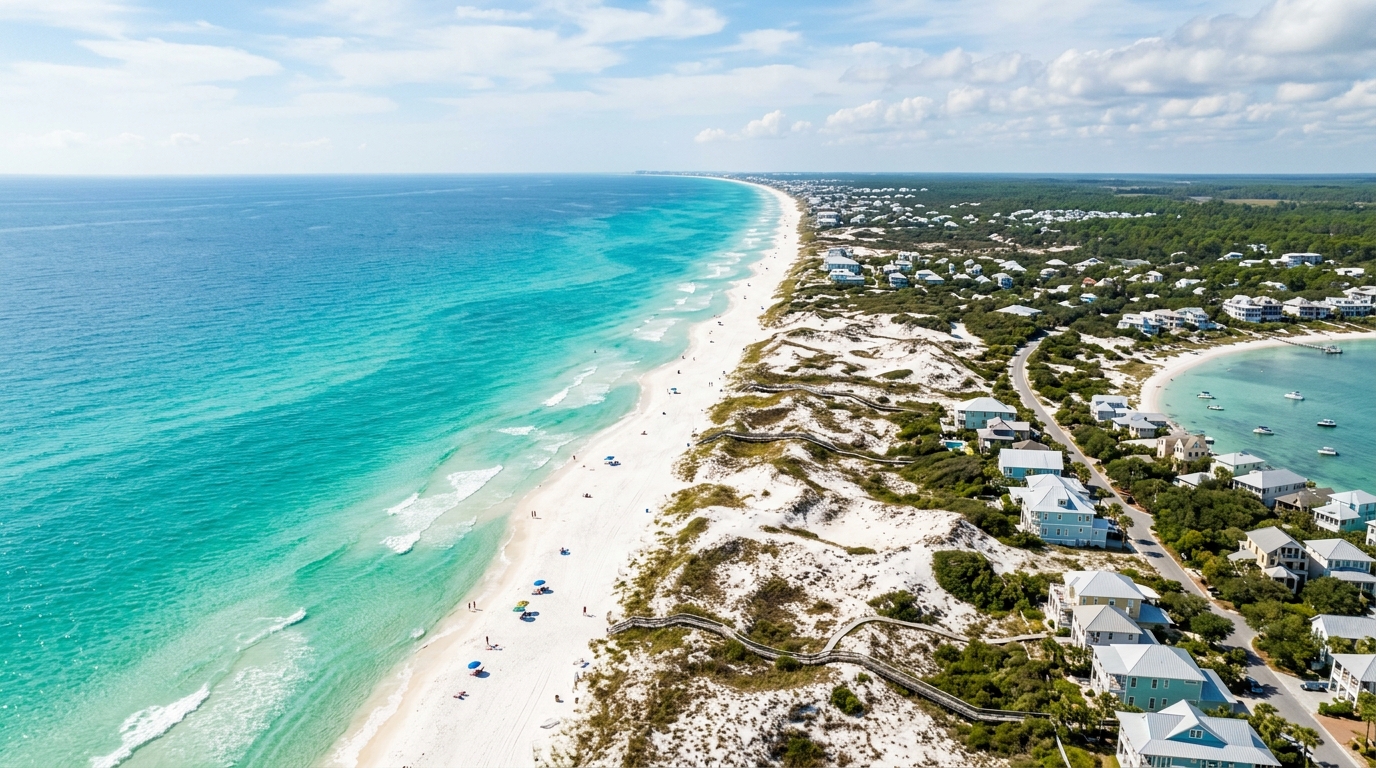 Aerial view of a charming 30A beach town with colorful houses and white sand beaches