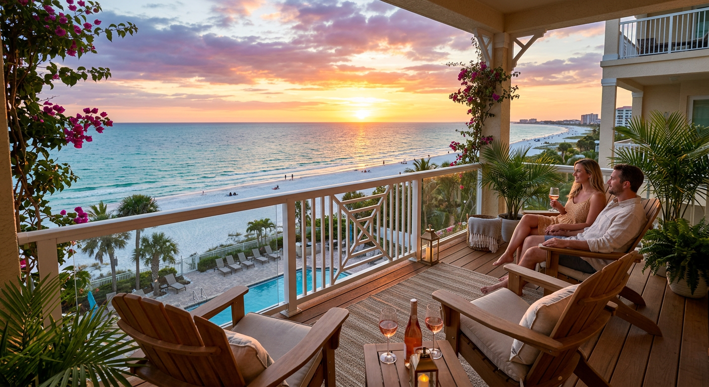 Beautiful vacation rental balcony overlooking the Gulf of Mexico at sunset