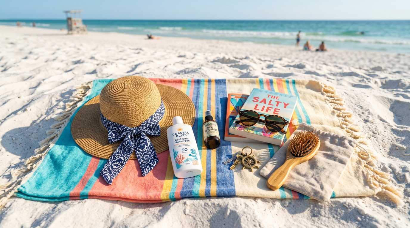 A flat lay of beach essentials including a straw hat, reef-safe sunscreen, and a colorful beach towel on white sand.