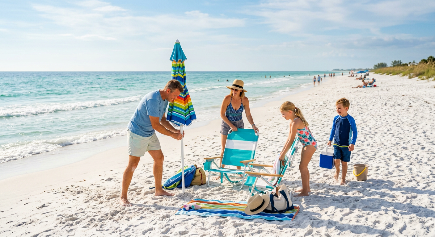 A family setting up a beach umbrella and chairs on a pristine white sand beach in Florida.