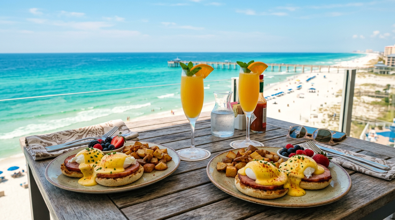 A delicious spread of Eggs Benedict and mimosas overlooking the Gulf of Mexico in Pensacola Beach