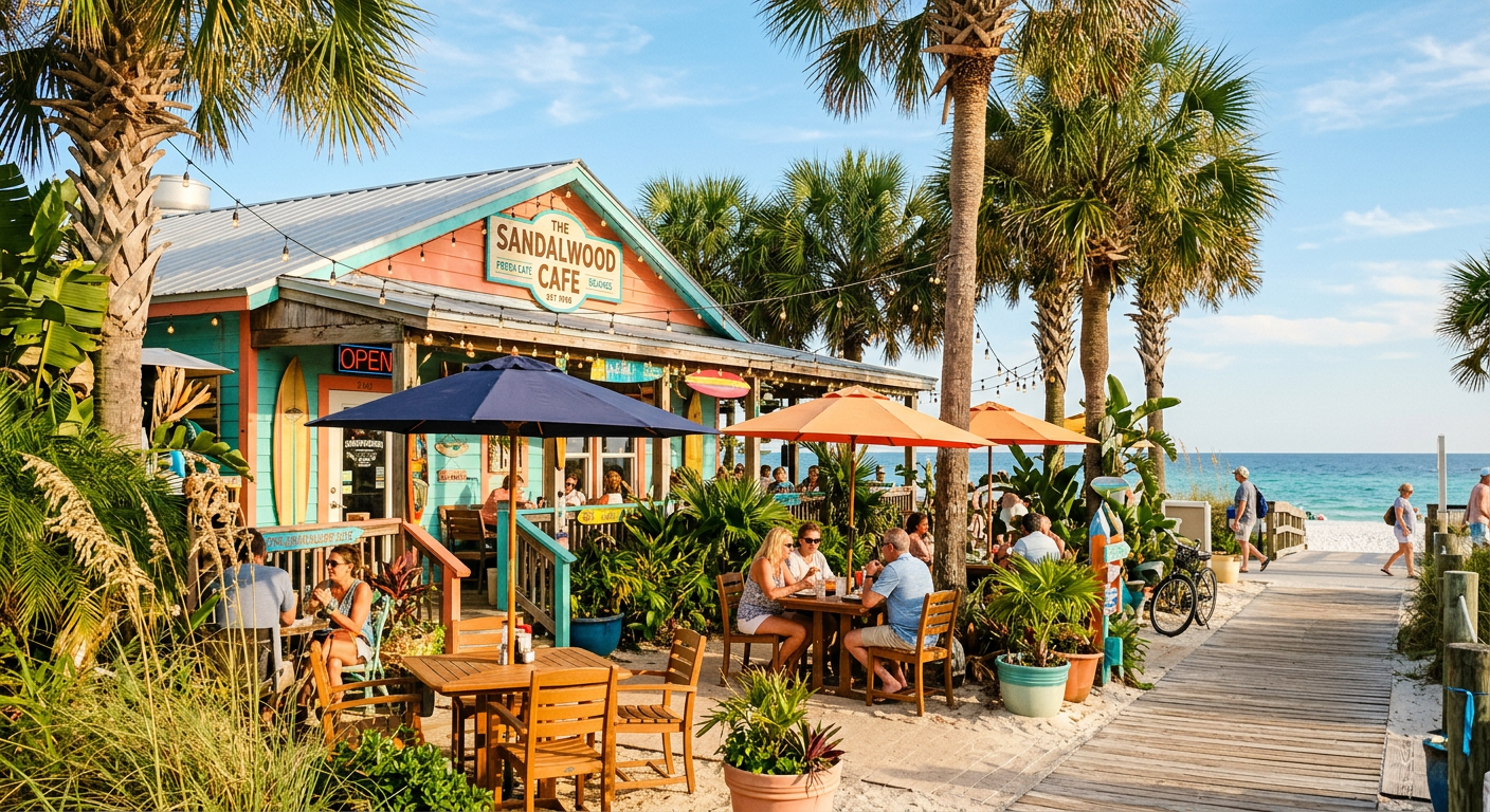 The vibrant exterior of a Pensacola Beach cafe with outdoor seating and palm trees