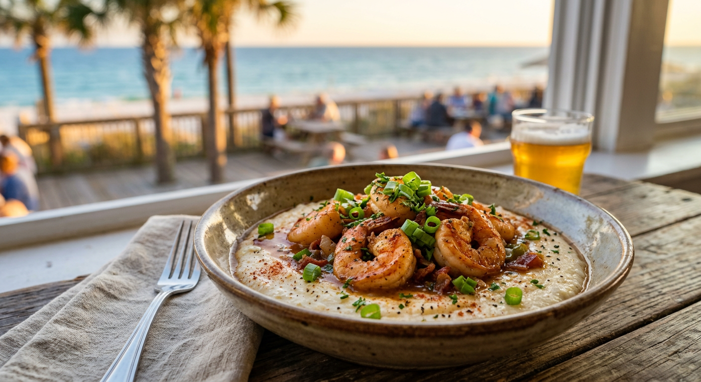 A close-up of Shrimp and Grits with a garnish of green onions