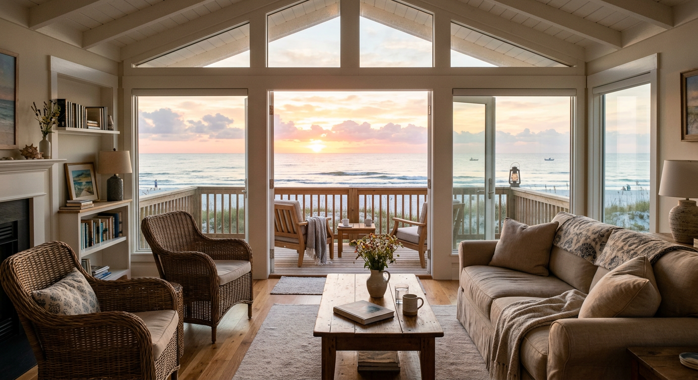 A beautiful Coastal Sunrises vacation rental living room with a view of the ocean