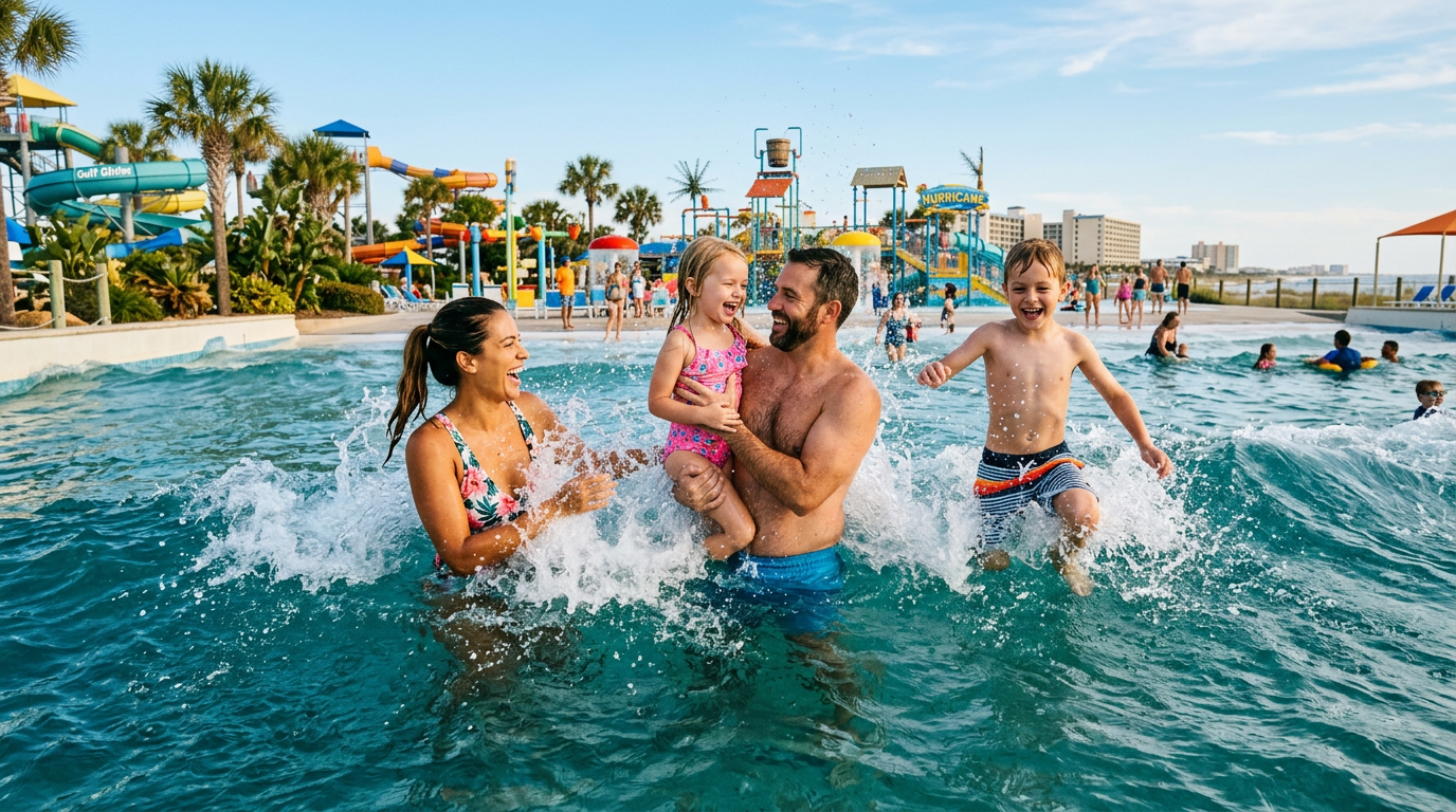 Happy family splashing in a large wave pool at a Gulf Coast water park