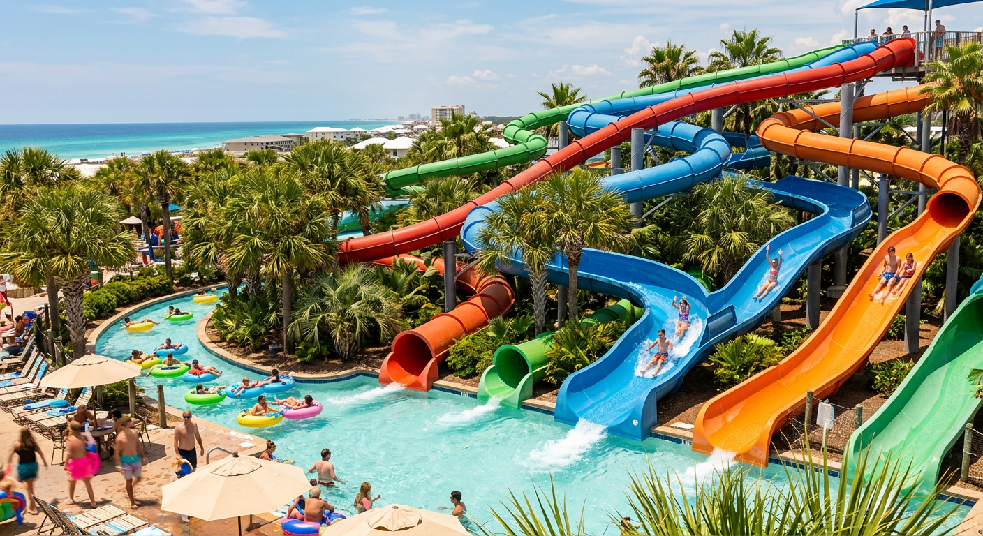 Colorful water slides twisting through palm trees at Big Kahuna's in Destin
