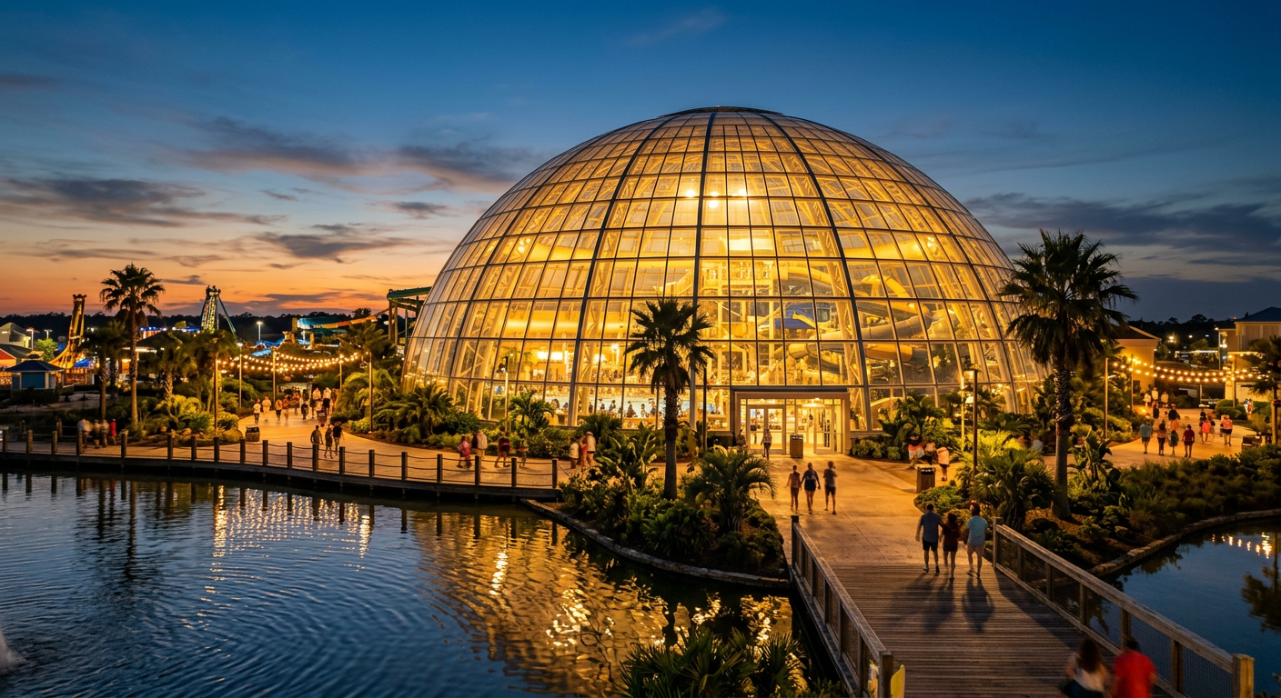 The massive glass dome of Tropic Falls at OWA glowing at dusk