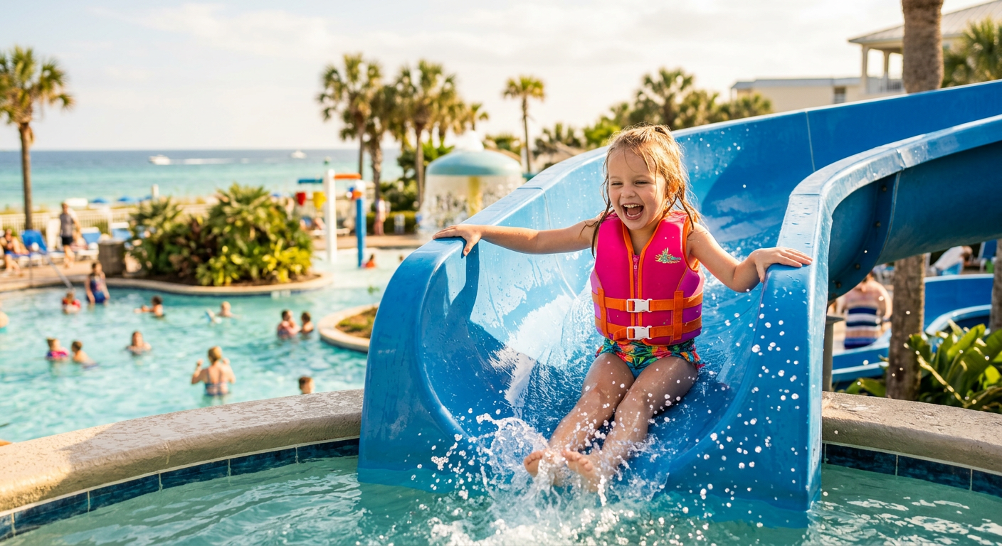 A child wearing a life vest laughing while coming down a small blue water slide