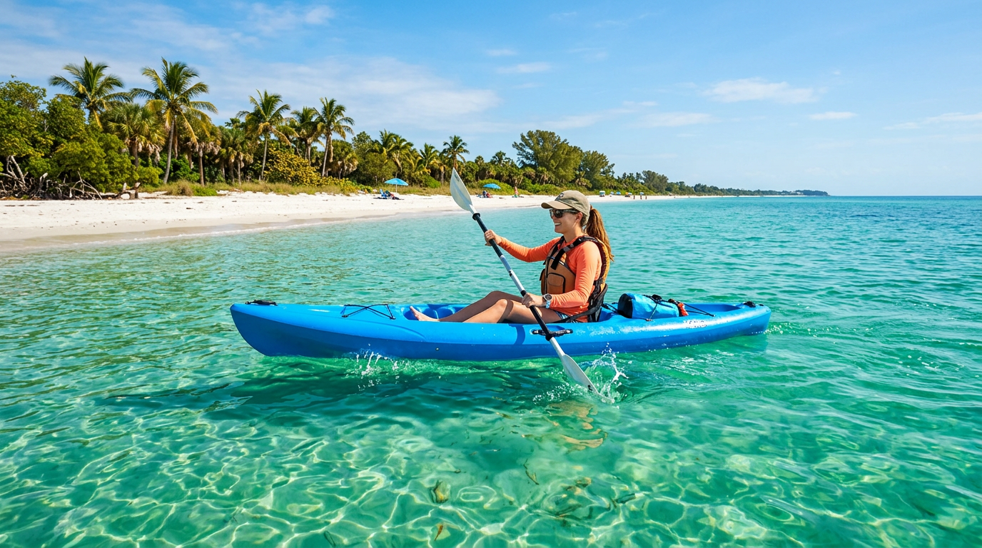 A person on a bright blue kayak paddling through crystal clear emerald sea water with a white sandy beach in the background