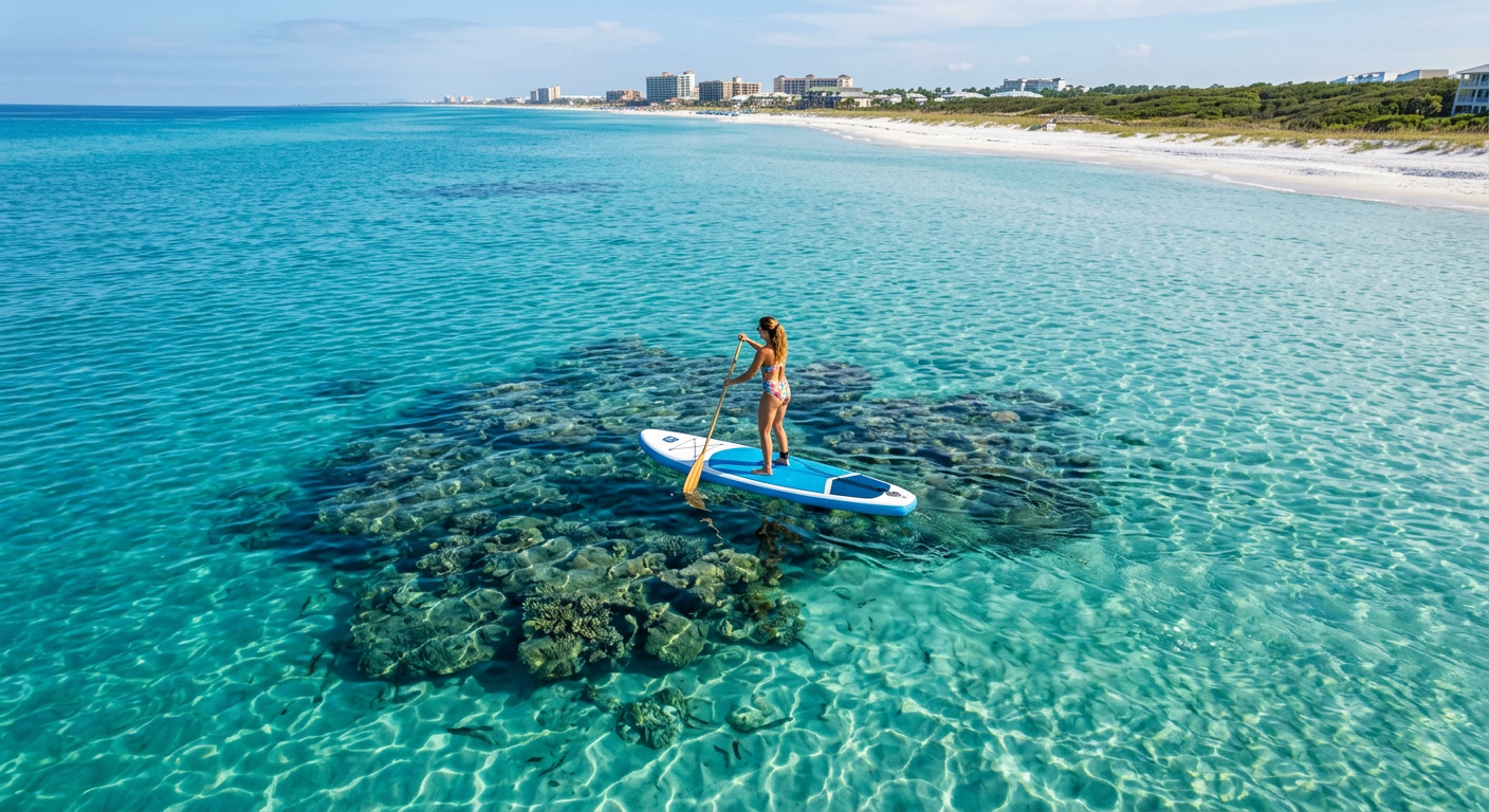 Aerial view of a paddleboarder over a clear reef in Destin, Florida