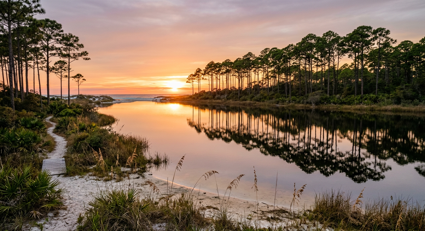A calm coastal dune lake at sunset with tall pine trees reflecting in the water