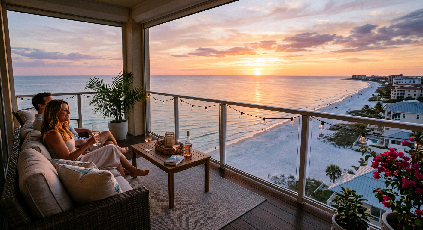 A luxury vacation rental balcony overlooking the Gulf of Mexico at sunset