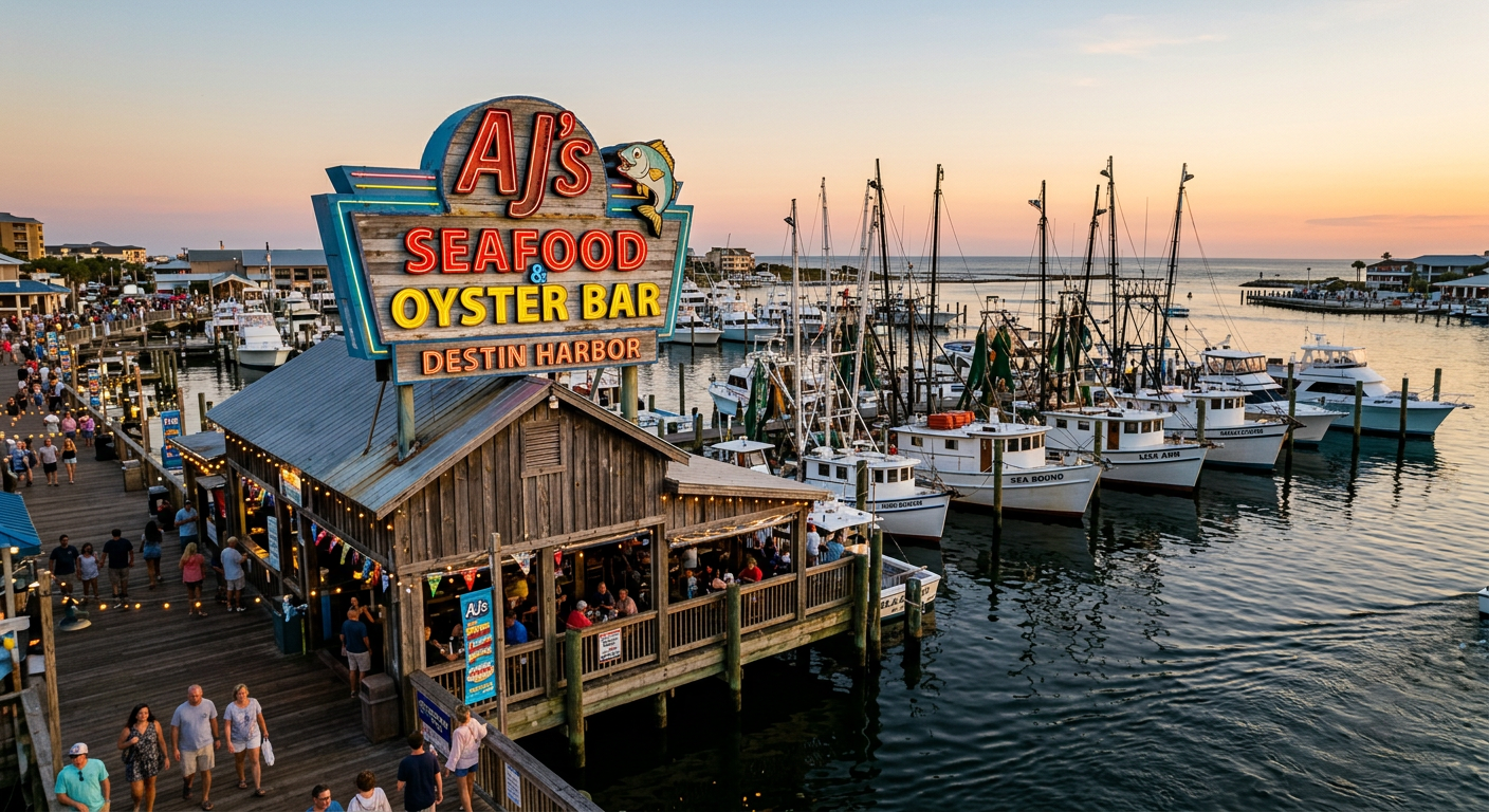 Couple enjoying the best seafood in Destin at sunset