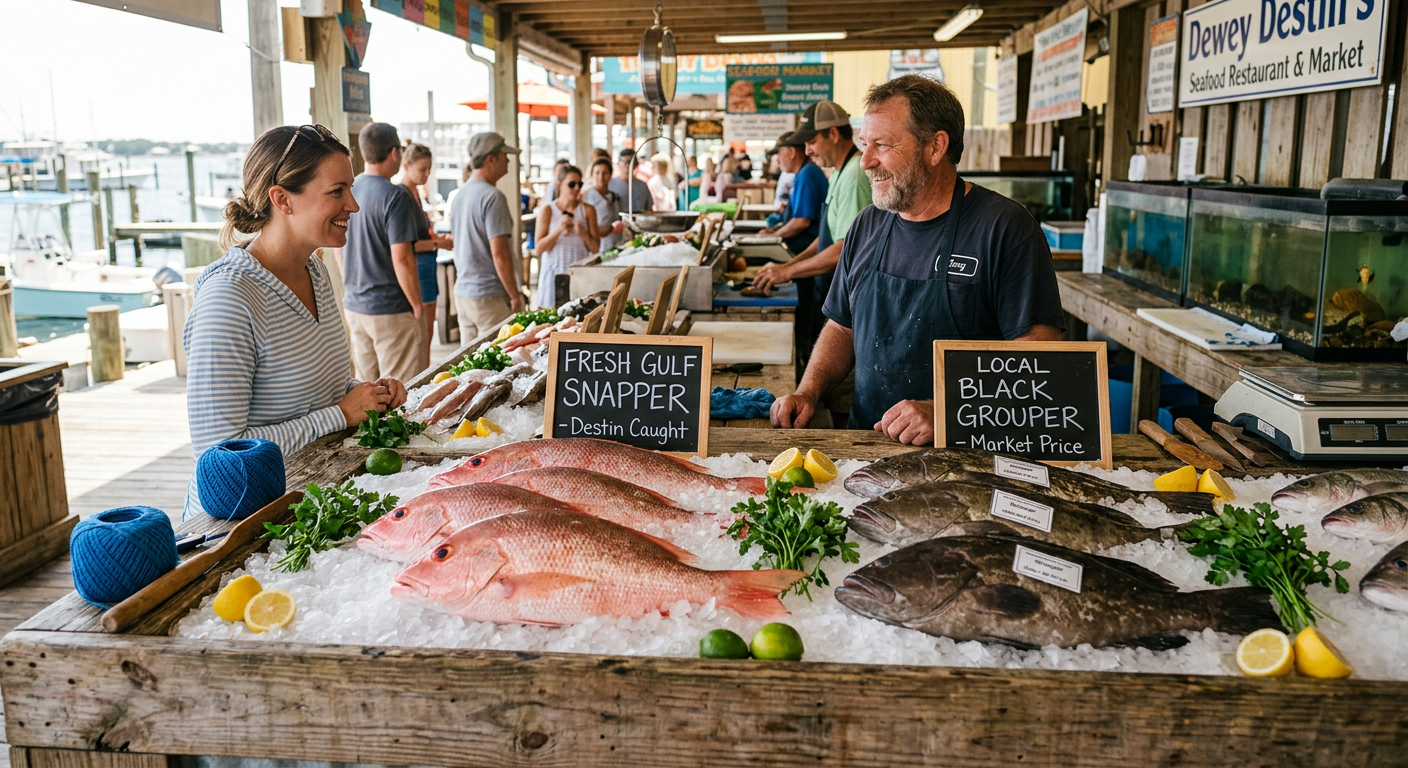 Variety of fresh fish on ice at Destin market for best seafood