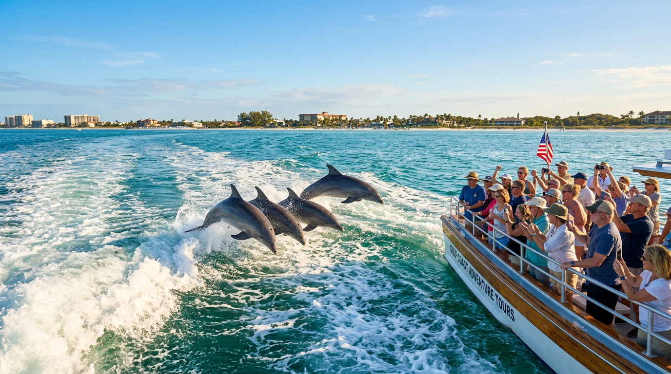 A group of dolphins jumping in the wake of a tour boat on the Gulf Coast