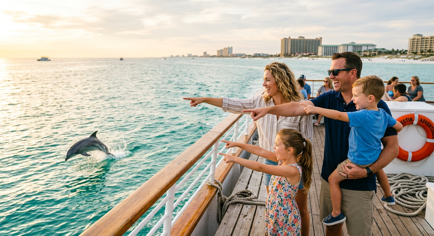 A family pointing at a dolphin from the deck of a Destin tour boat