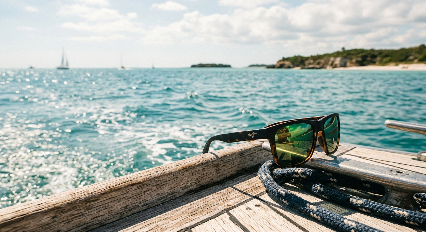 Polarized sunglasses sitting on a boat deck with the ocean in the background