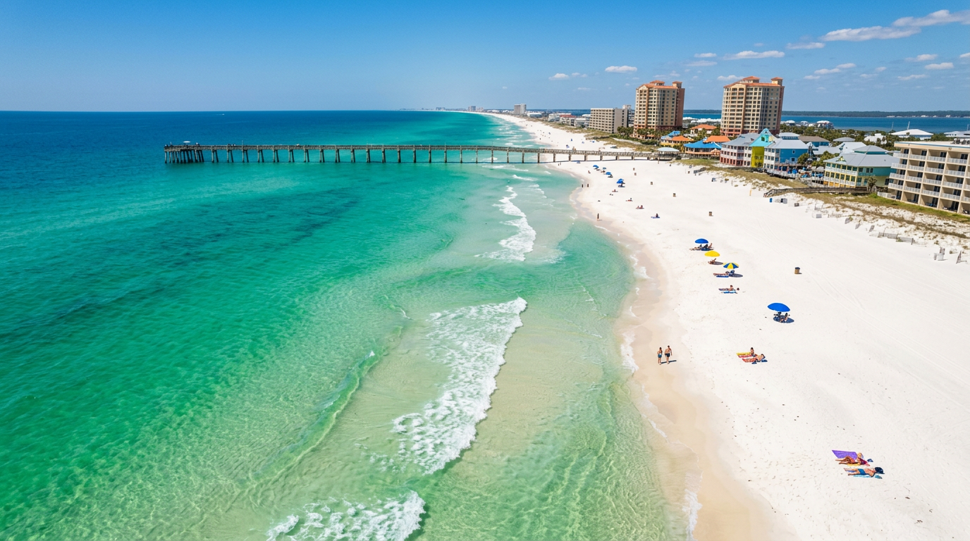 A peaceful aerial view of the emerald green waters in Pensacola Beach during April with few people on the sand.