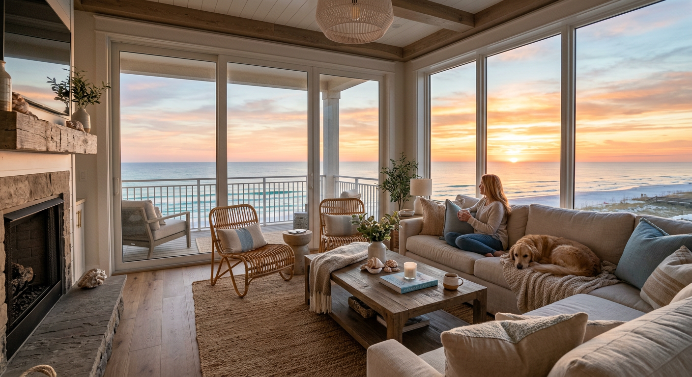 A luxurious Coastal Sunrises interior living room with a view of the Gulf through floor-to-ceiling windows.