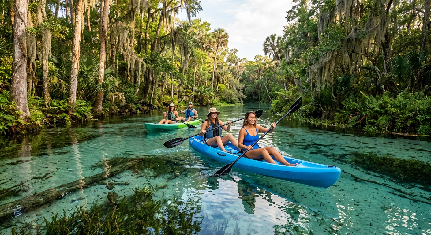 A group of visitors kayaking on the crystal clear waters of a Florida spring near the Gulf Coast.
