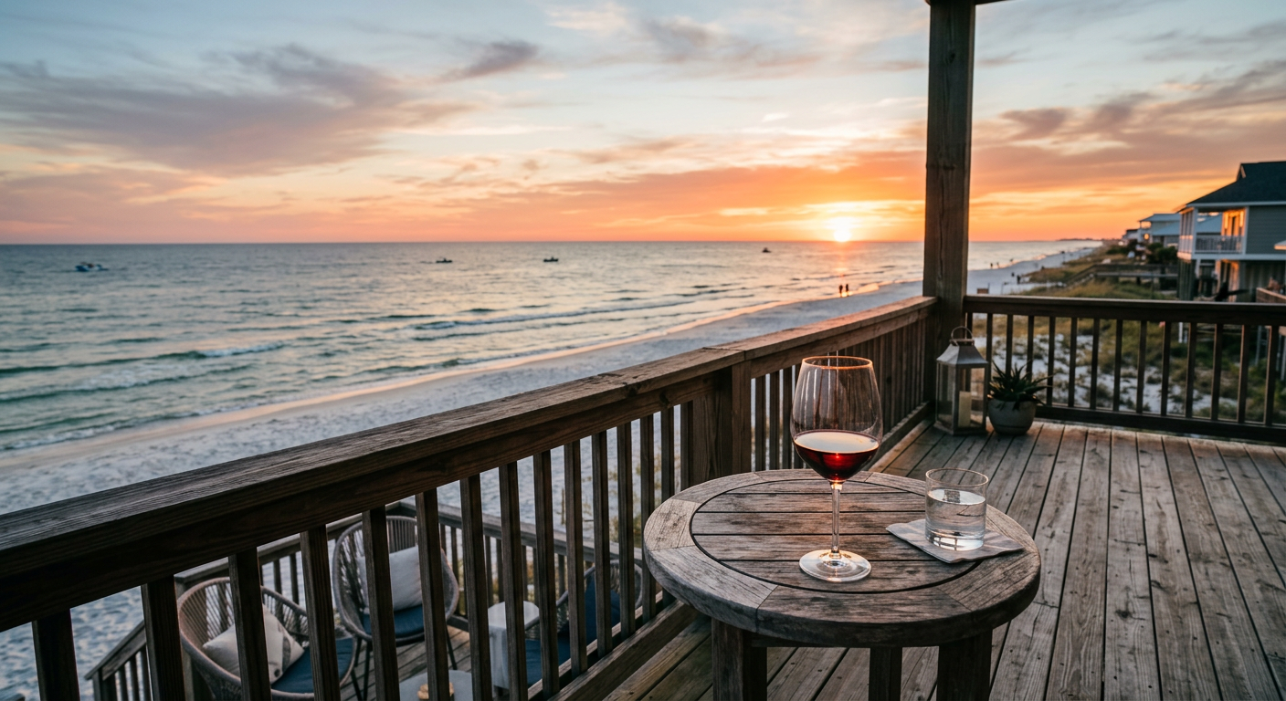 A sunset view from a beach house deck, featuring a glass of wine and a clear view of the horizon.