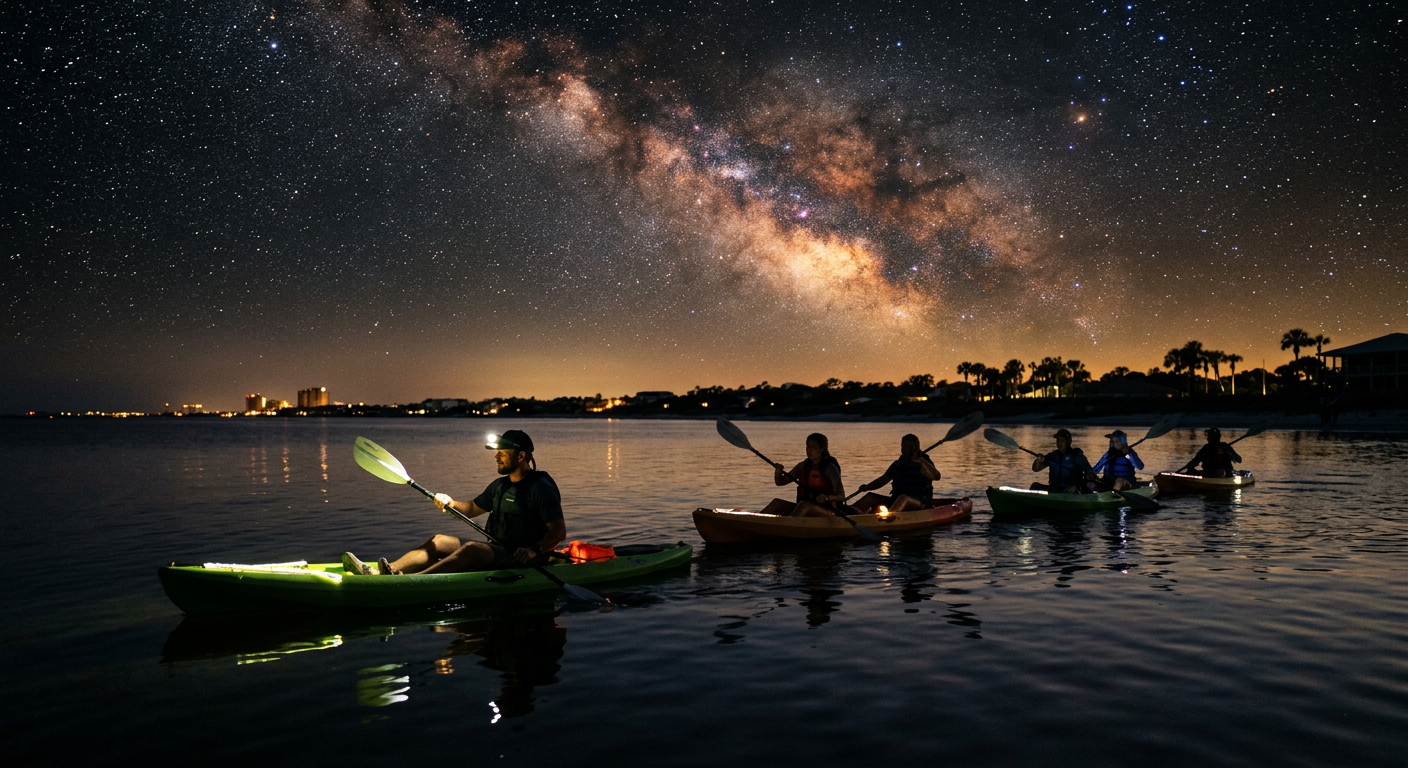 A group of kayakers following a guide under a starry sky in Panama City Beach