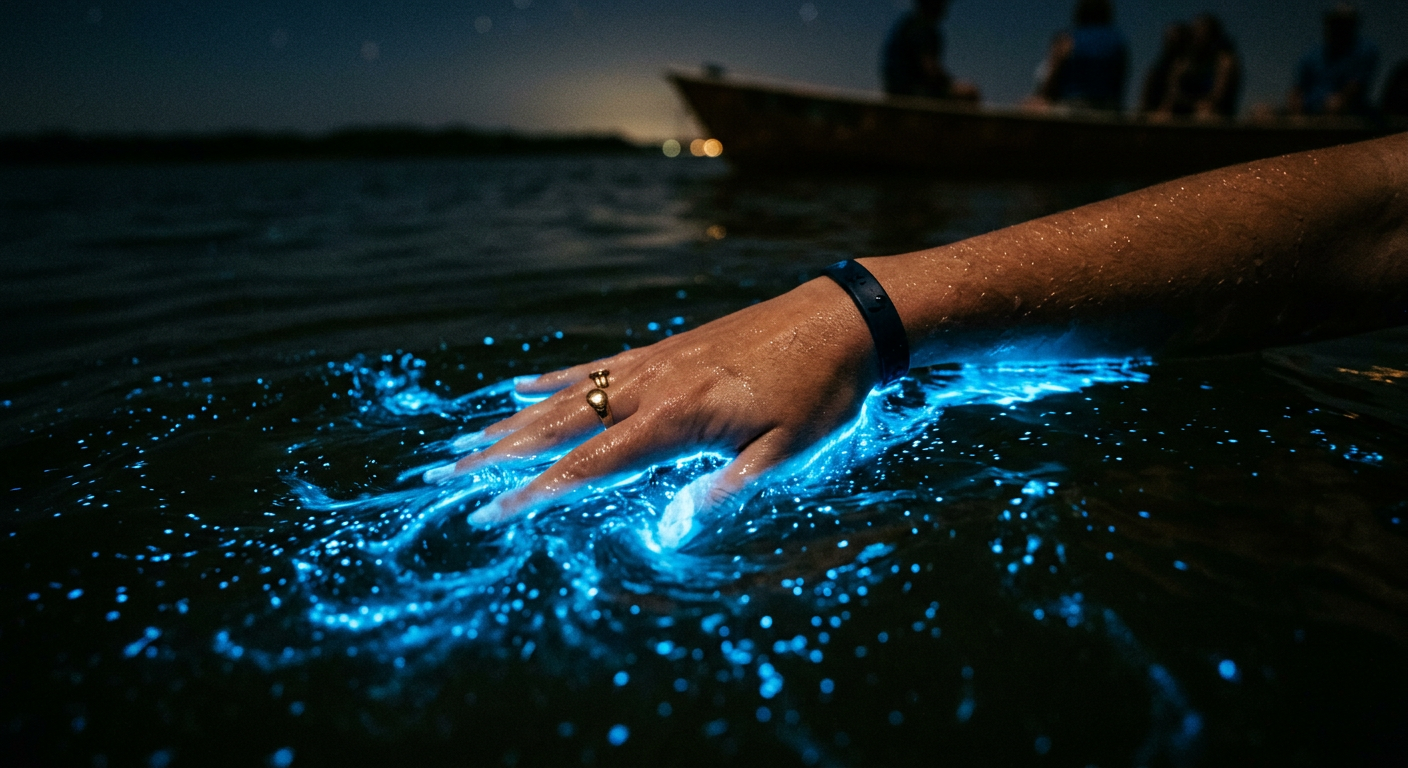 Close up of a hand glowing in blue water during a bioluminescence tour