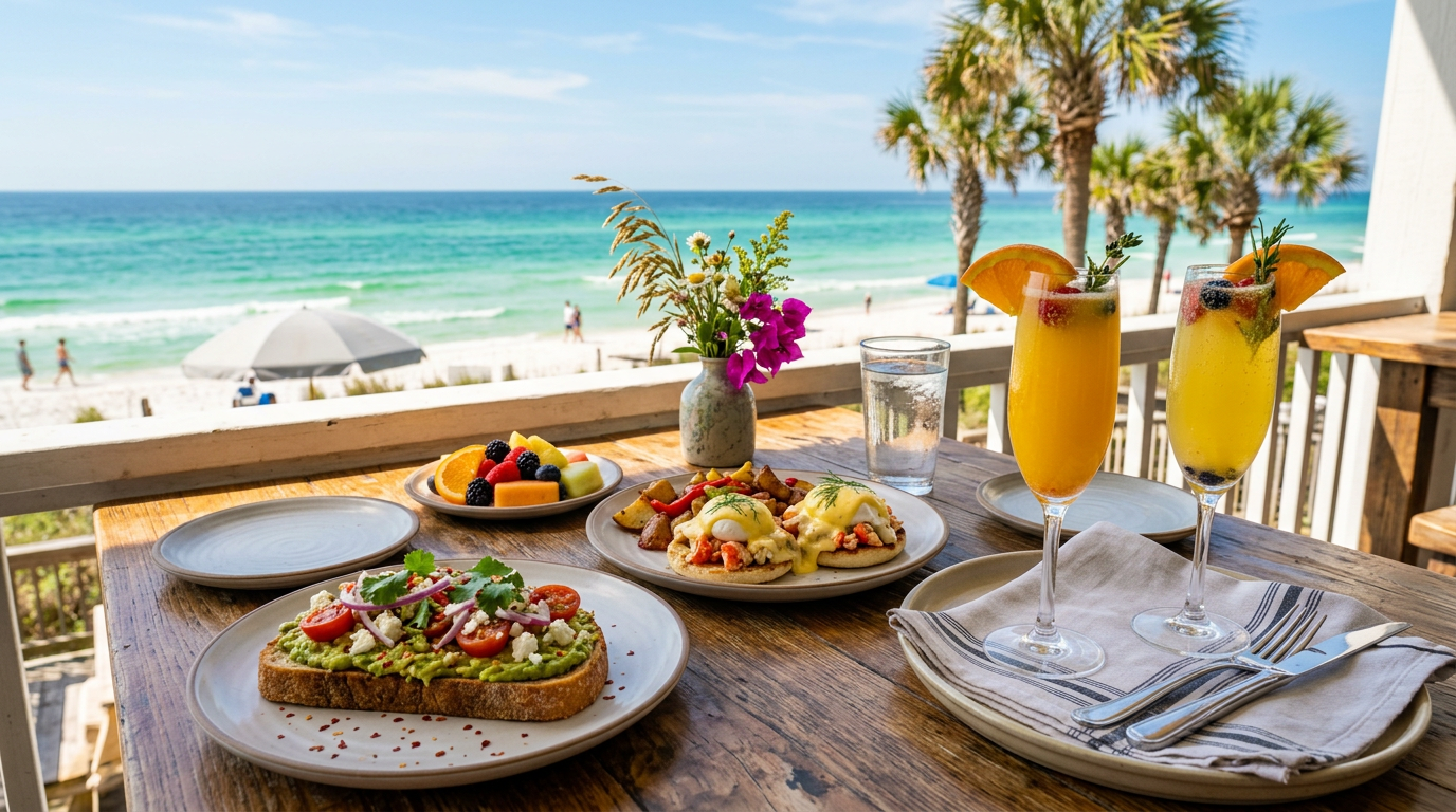 A spread of avocado toast, seafood eggs benedict, and colorful mimosas on a table overlooking the Gulf of Mexico