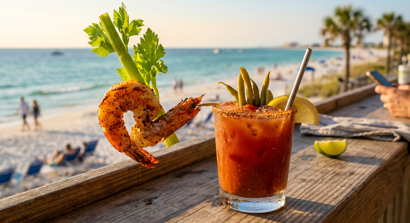 A close-up of a spicy Bloody Mary garnished with a shrimp and celery stick with the beach in the background