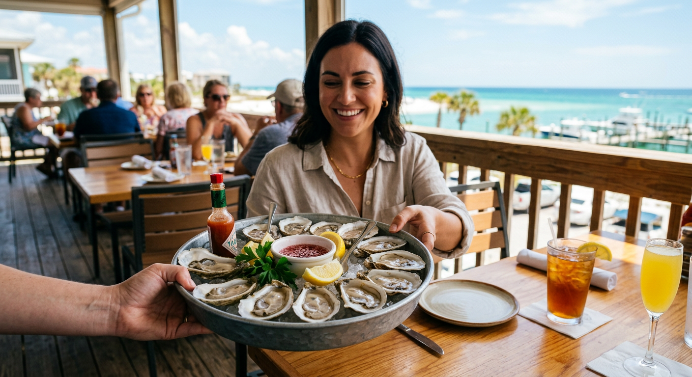 A tray of fresh oysters and lemon wedges being served during a brunch service