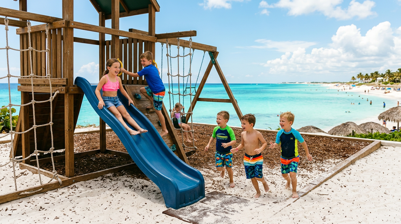 Happy kids playing on a beachfront playground with turquoise water in the background