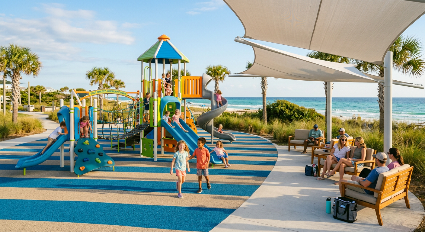 A modern, colorful playground with soft rubber flooring and shaded seating for parents