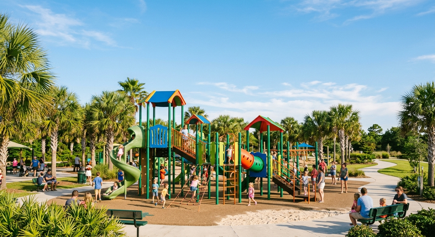 A large playground structure at Frank Brown Park with palm trees and a clear blue sky