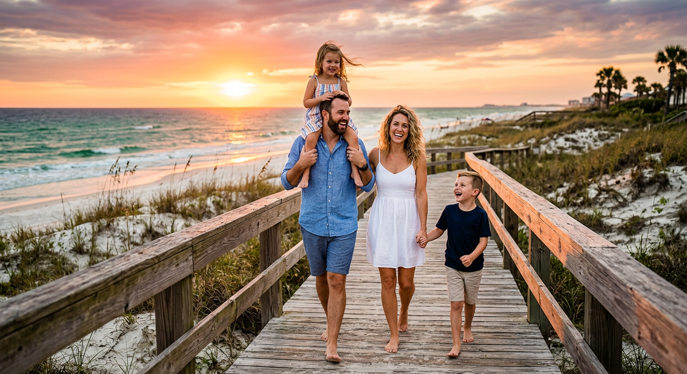 A family smiling together on a beach boardwalk at sunset