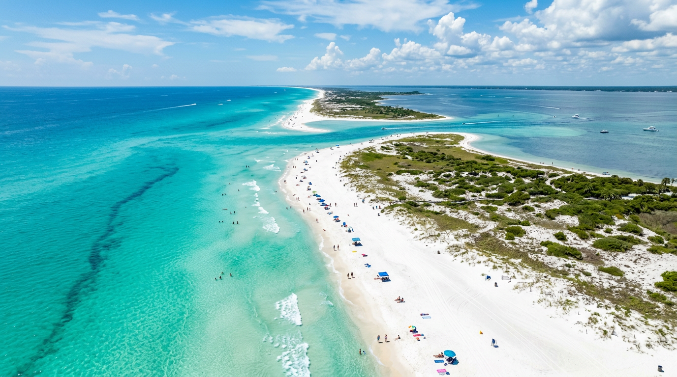 An aerial view of the crystal clear turquoise waters and white quartz sand of the Gulf Islands National Seashore