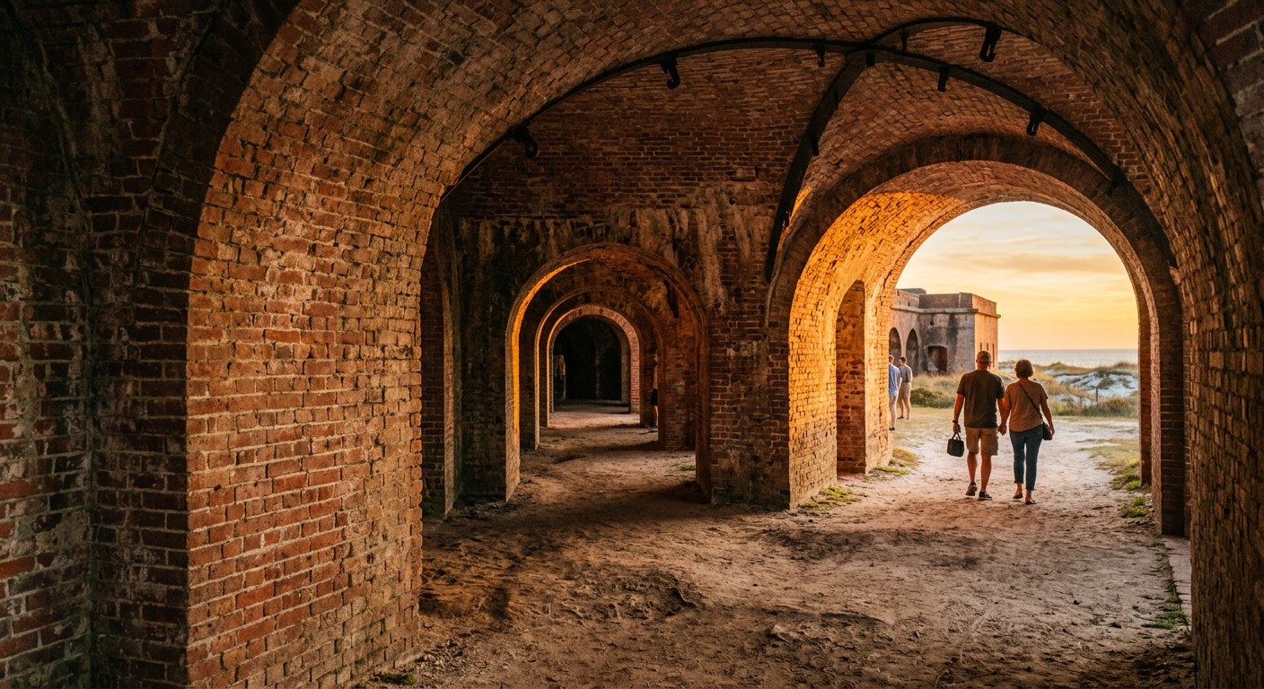A view of the historic brick arches and tunnels inside Fort Pickens at sunset