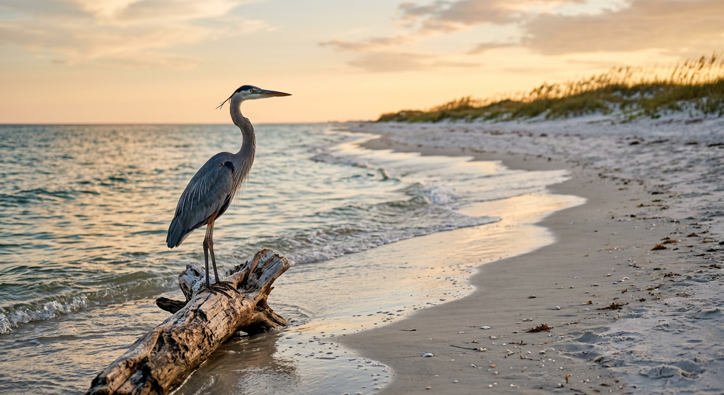 A great blue heron standing on a piece of driftwood near the shore of the national seashore