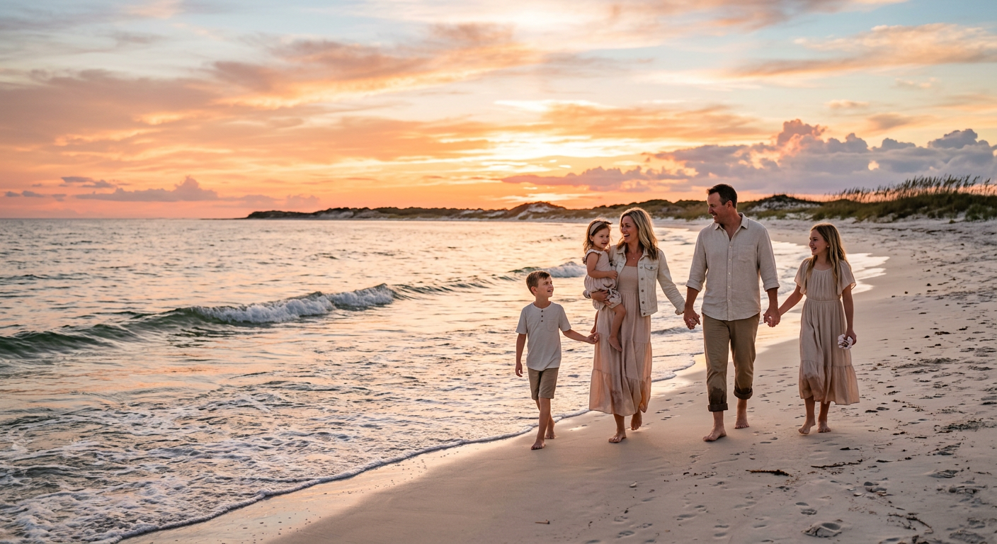 A family walking along the shoreline of Gulf Islands National Seashore at sunset
