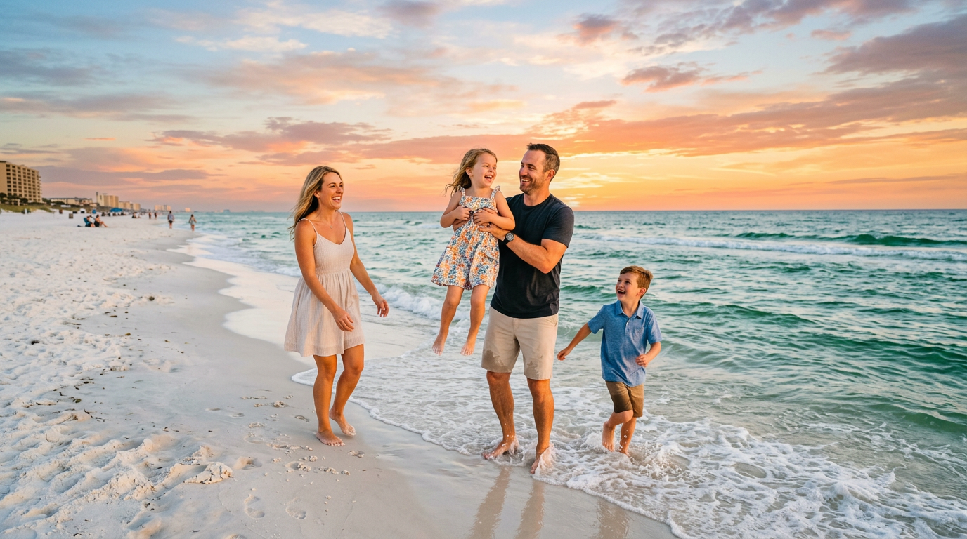 A happy family playing on the white sands of Destin beach during sunset