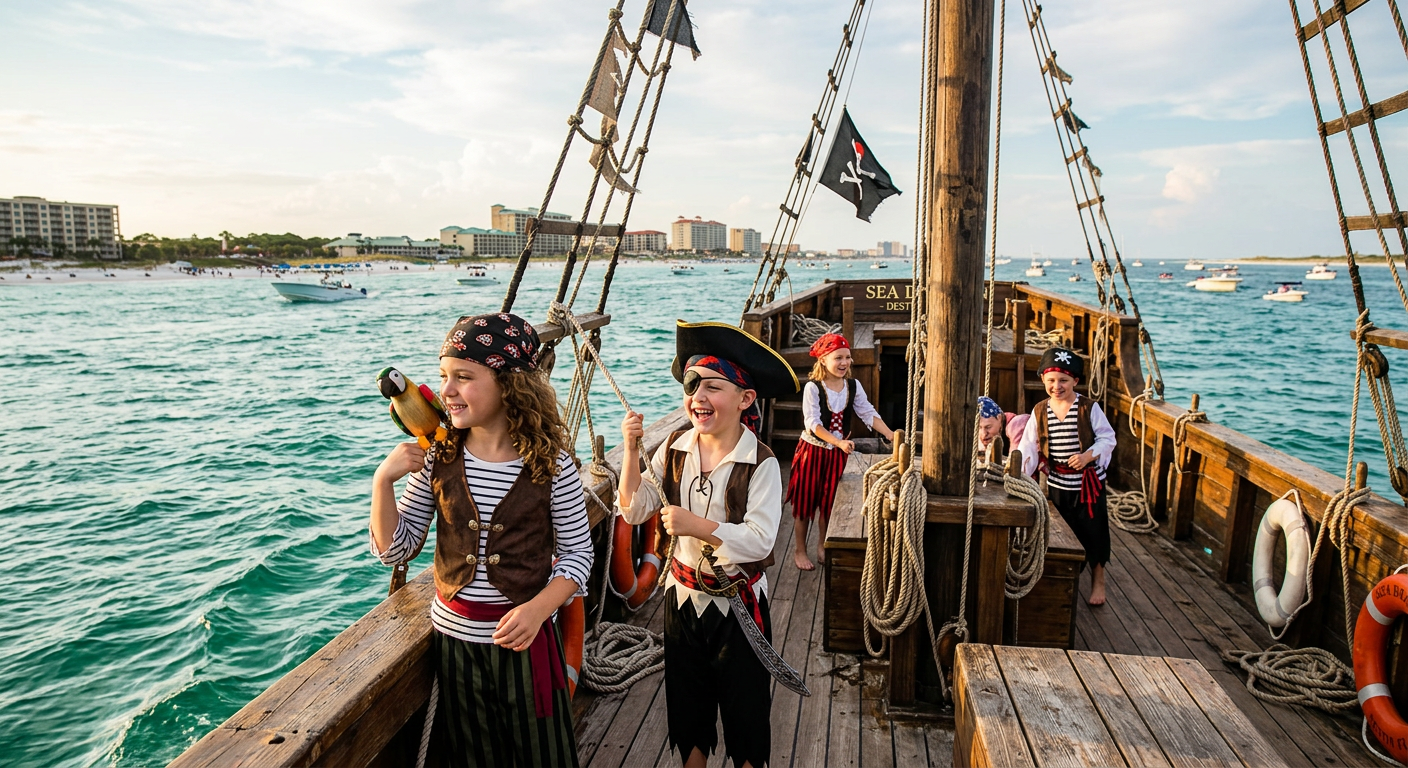 Children dressed as pirates on a wooden ship in Destin
