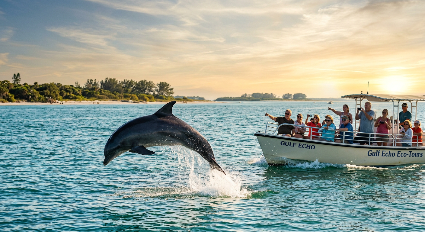 A wild dolphin jumping out of the water near a tour boat