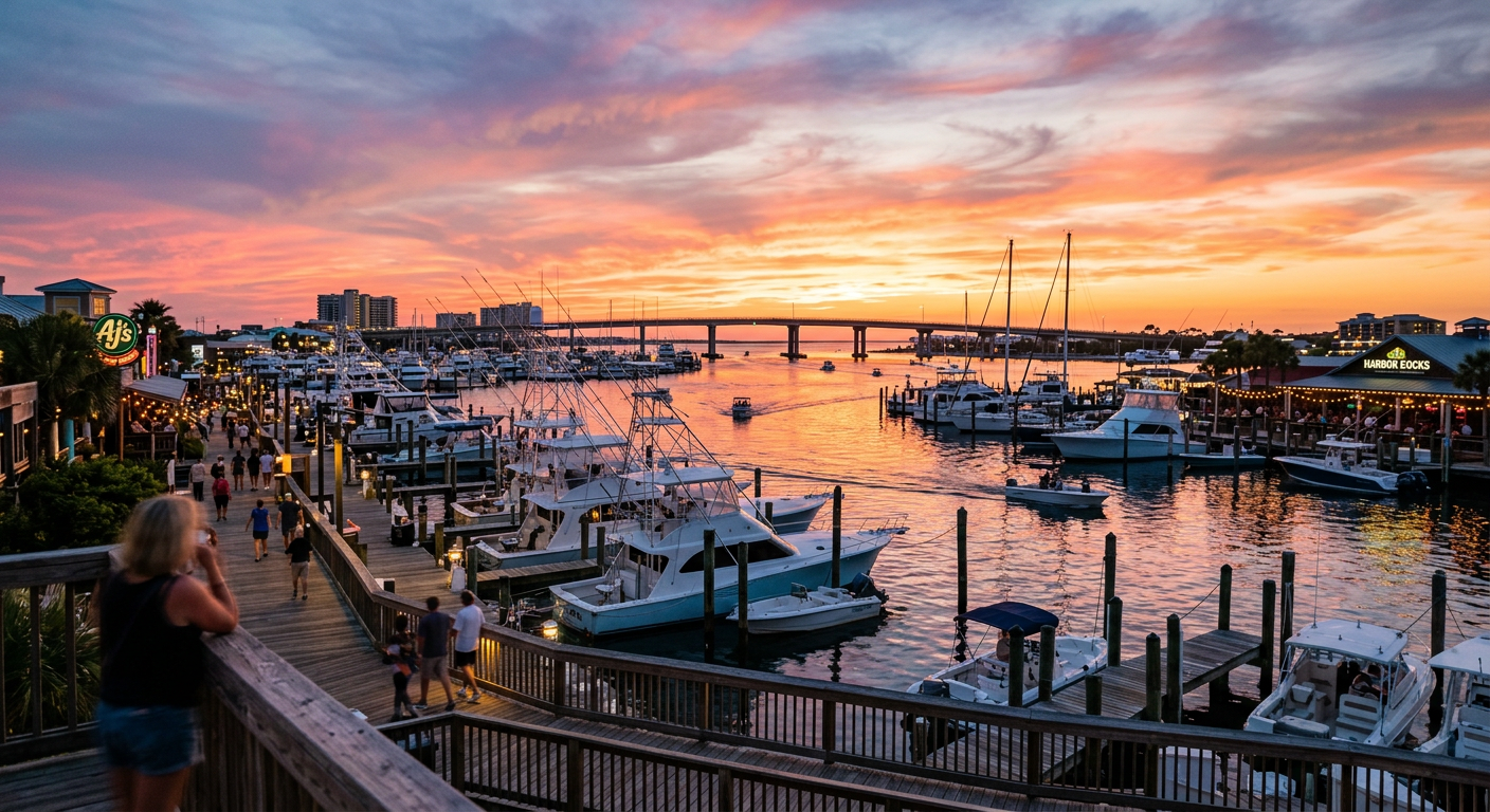 A sunset view over the Destin Harbor