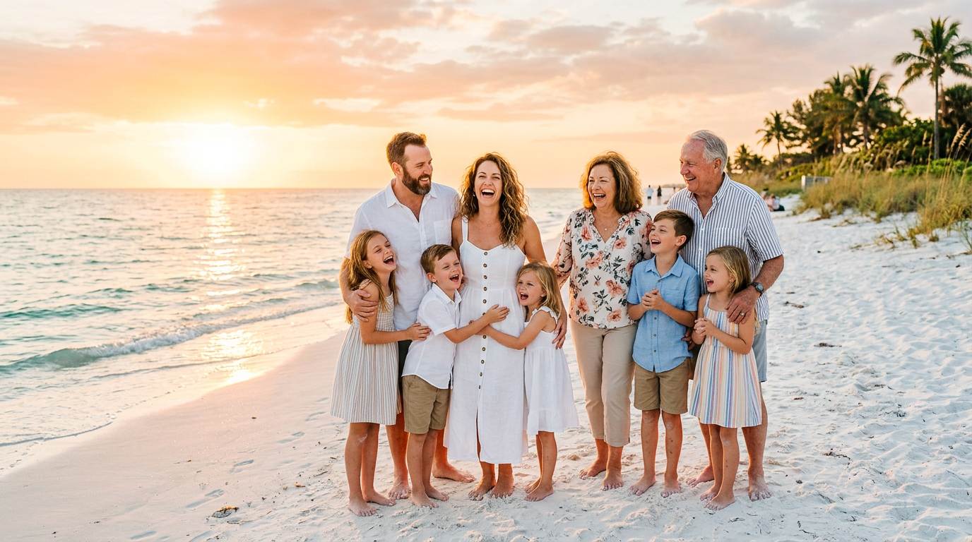 A large happy family laughing together on a white sand beach at sunset
