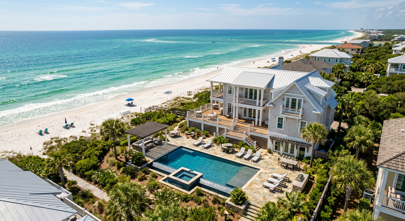 An aerial view of a luxury Gulf Coast vacation rental with a private pool
