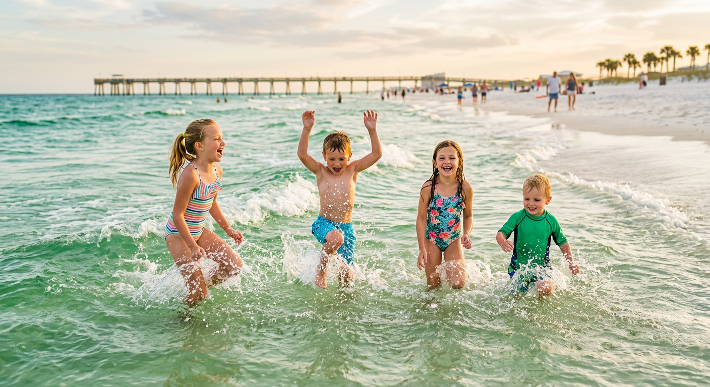 A group of children playing in the emerald green waters of the Gulf Coast
