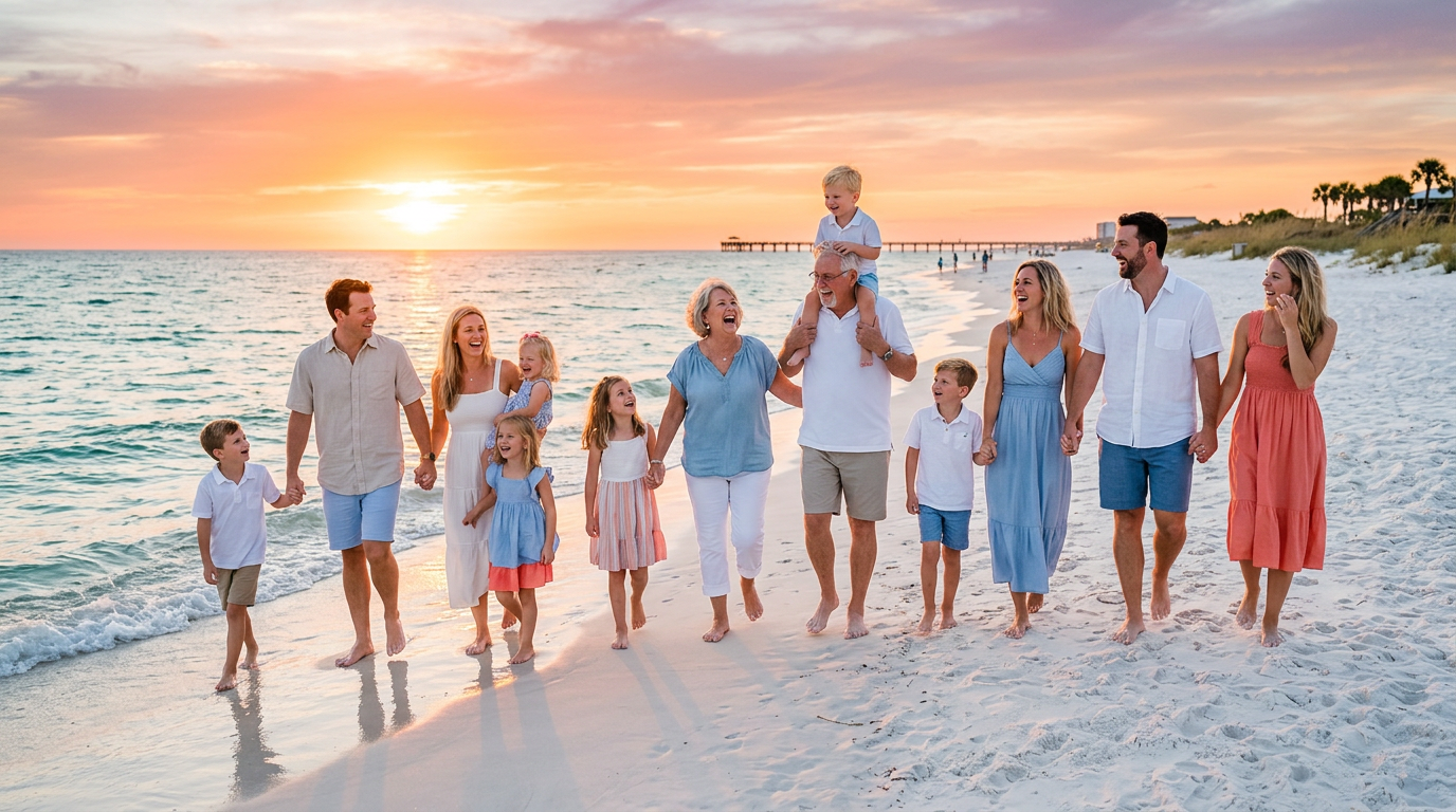 A large family laughing together on a white sand beach at sunset