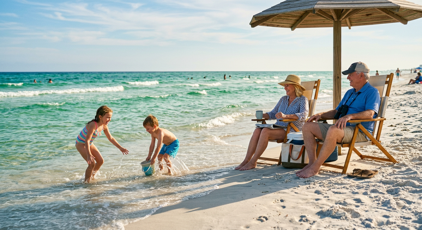 Children playing in the shallow emerald water while grandparents watch from beach chairs