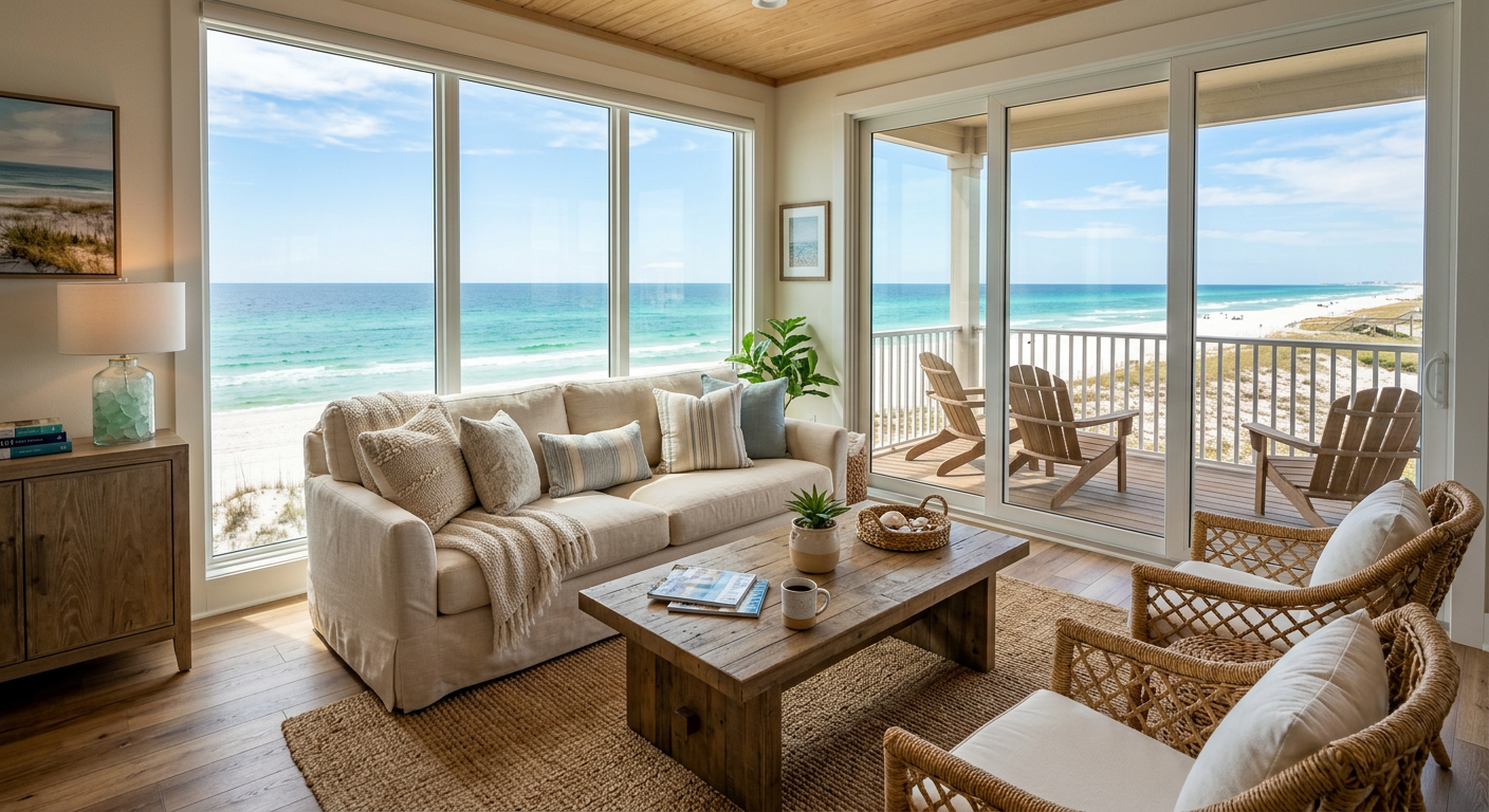 A modern vacation rental living room with panoramic ocean views