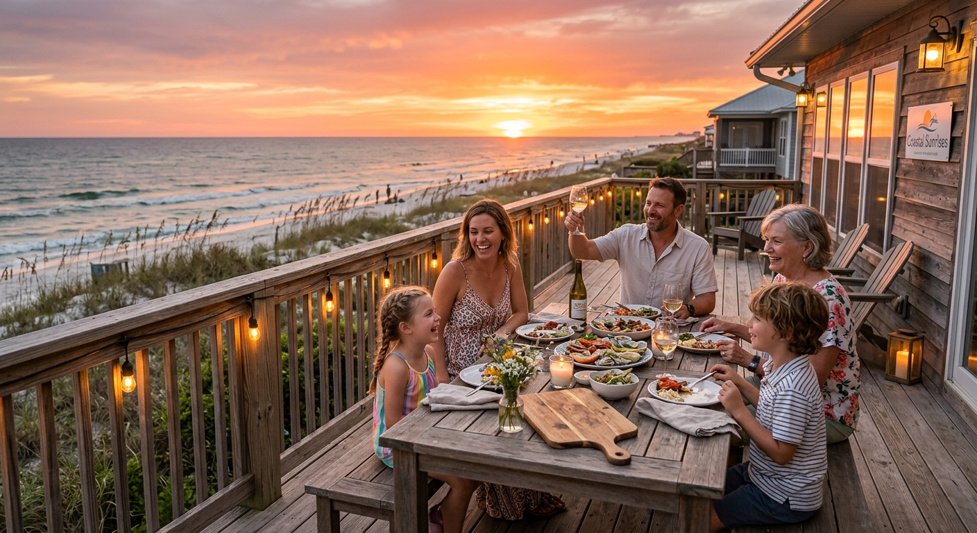 A family enjoying a sunset dinner on the deck of a Coastal Sunrises rental