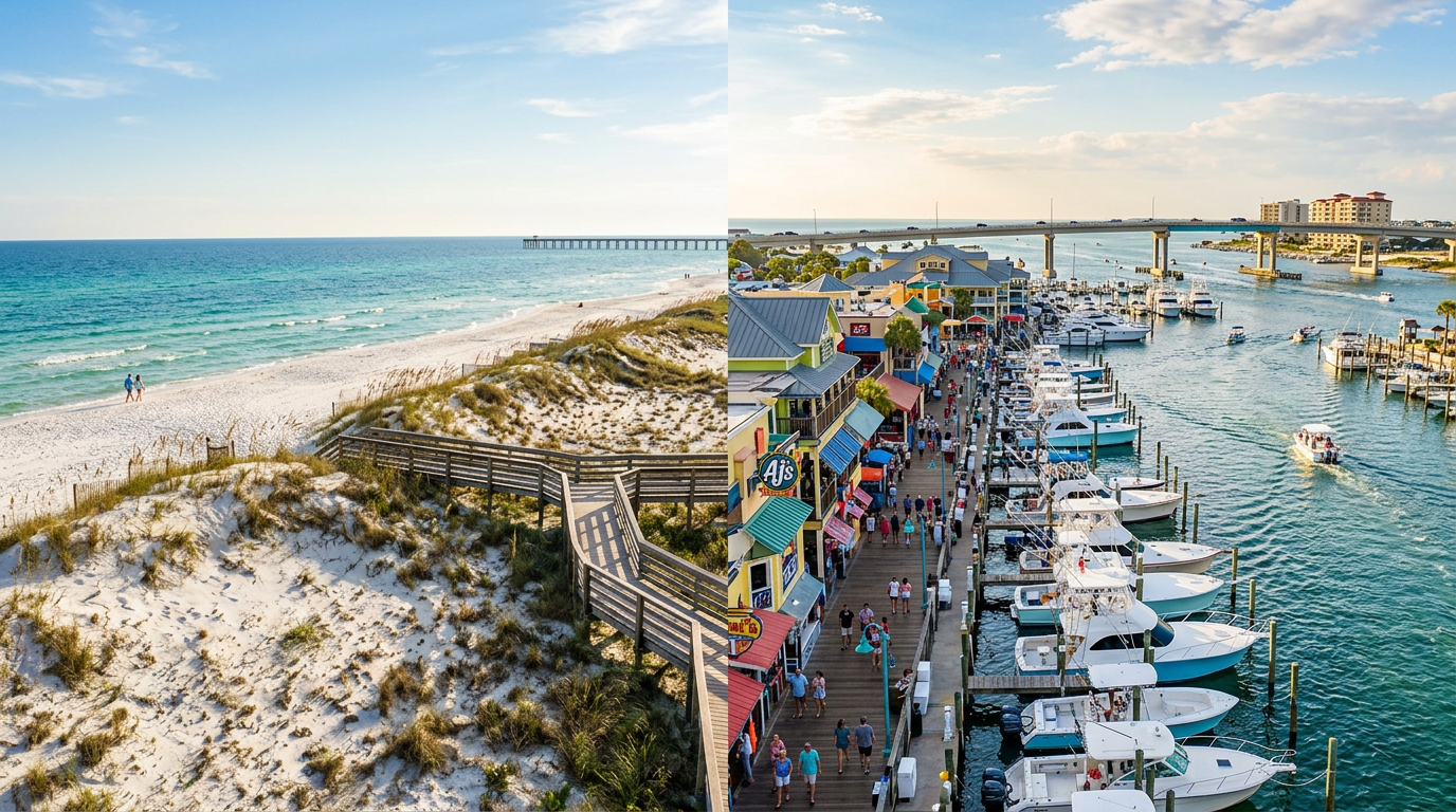 A side-by-side view showing the quiet dunes of Navarre Beach and the bustling HarborWalk Village in Destin
